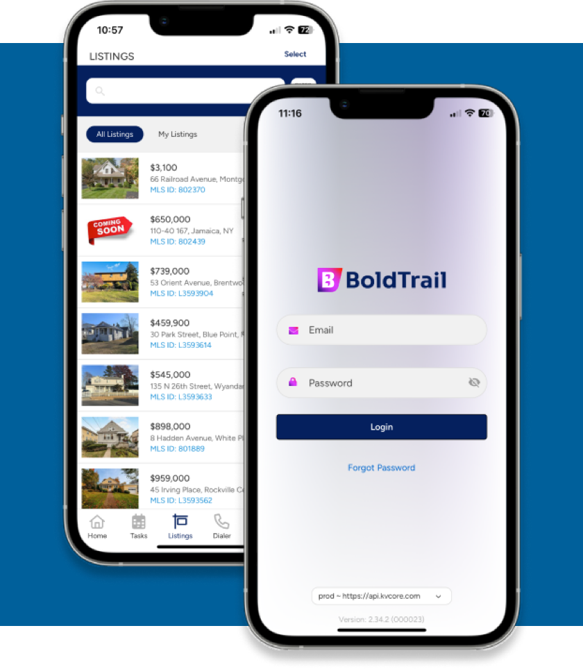 graphic of boldtrail on mobile, plus graphic of boldtrail login page