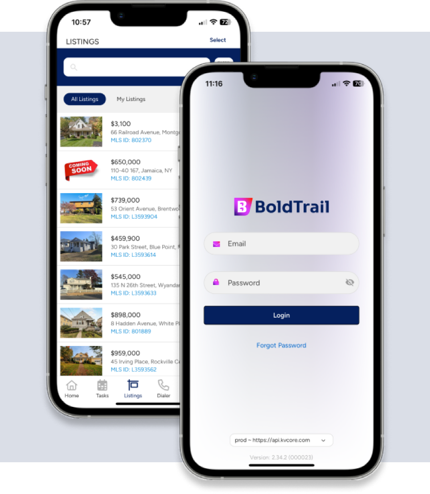 graphic of boldtrail on mobile, plus graphic of boldtrail login page